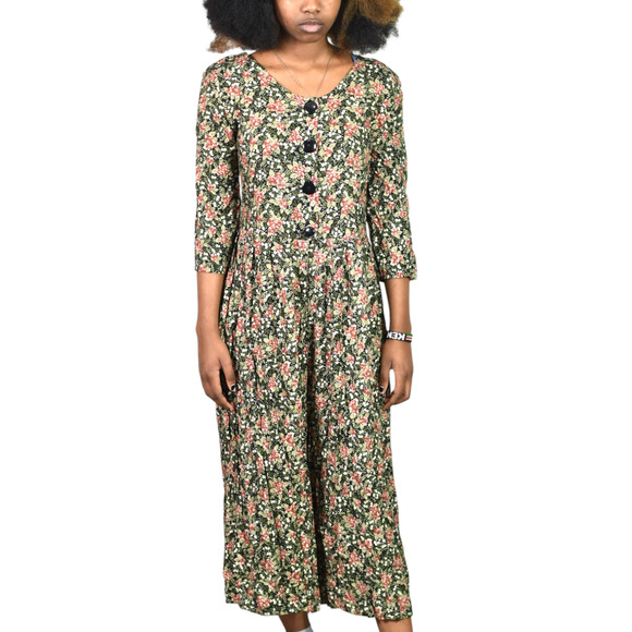 Vintage Rabbit Floral Jumpsuit Black Rayon Wide Leg Ditsy Microprint Calico XS - Picture 8 of 12